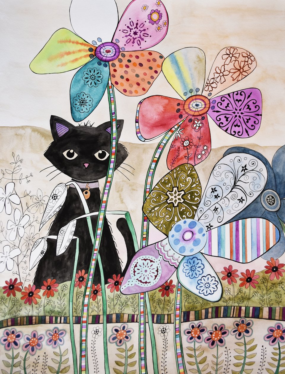 Kat bag blomster af Marys Watercolors