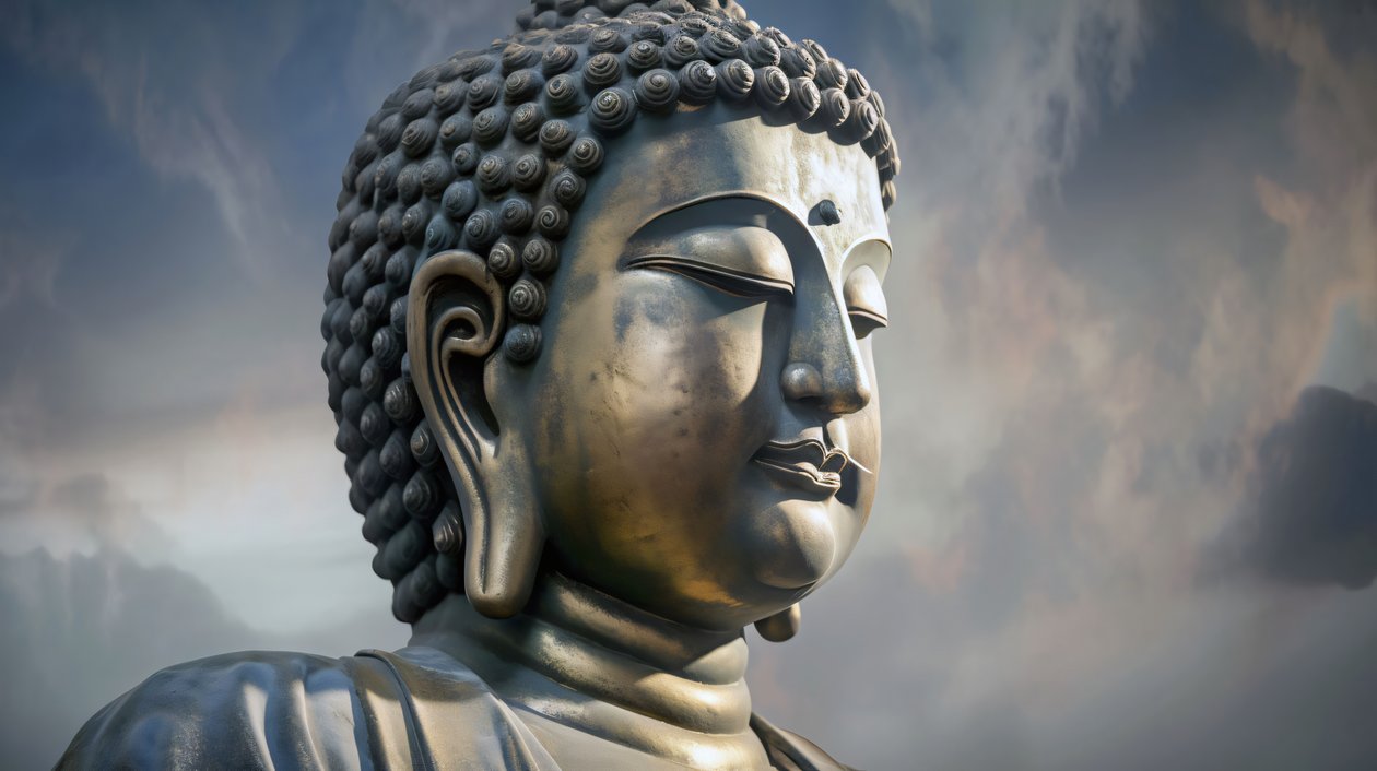 Buddha-portræt siddende i fredfyldt meditation, indrammet lærredstryk på bestilling af F. Abderrahim