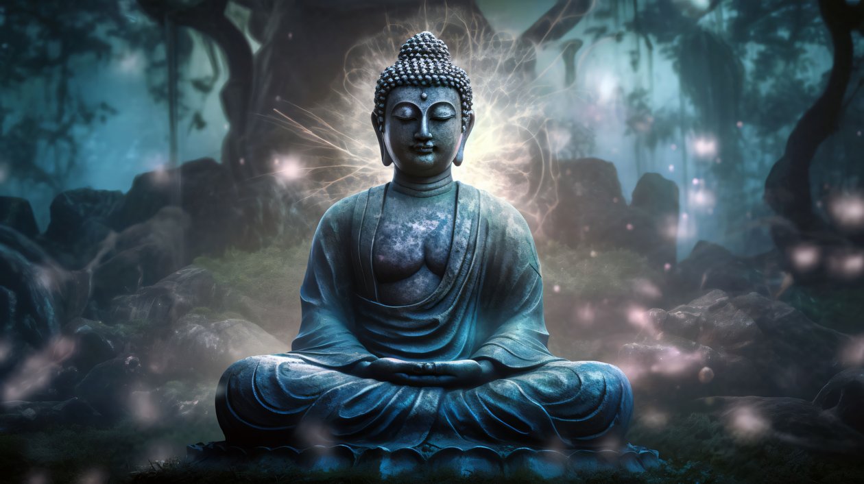 Buddha sidder i fredfyldt meditation, et spirituelt buddhistisk lærred, indrammede vægbilleder af F. Abderrahim