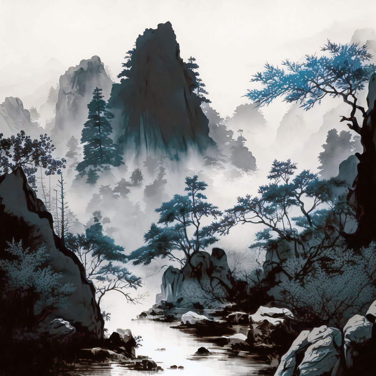 Cyanotype Mountain River Mist i Shan Shui-stil, vægdekoration til soveværelset af F. Abderrahim