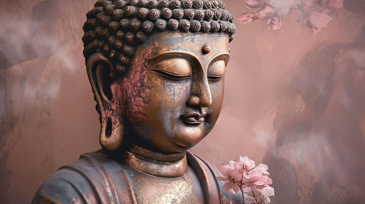 Fredelig Buddha på lotus-vægkunst til stuen, vandret lærred af F. Abderrahim