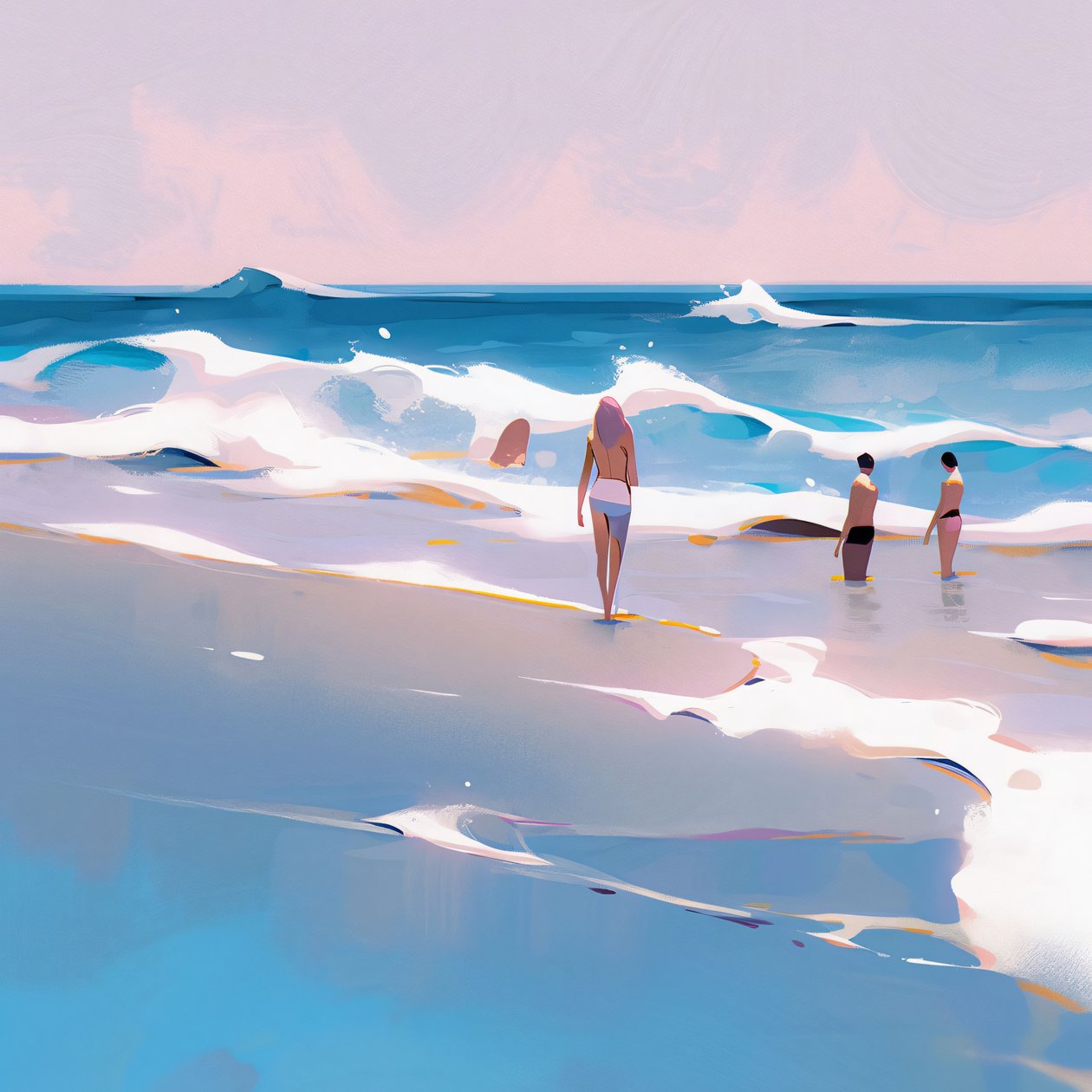People on the Beach Minimalistisk akvarel med bølger, Vægdekoration til salg af F. Abderrahim