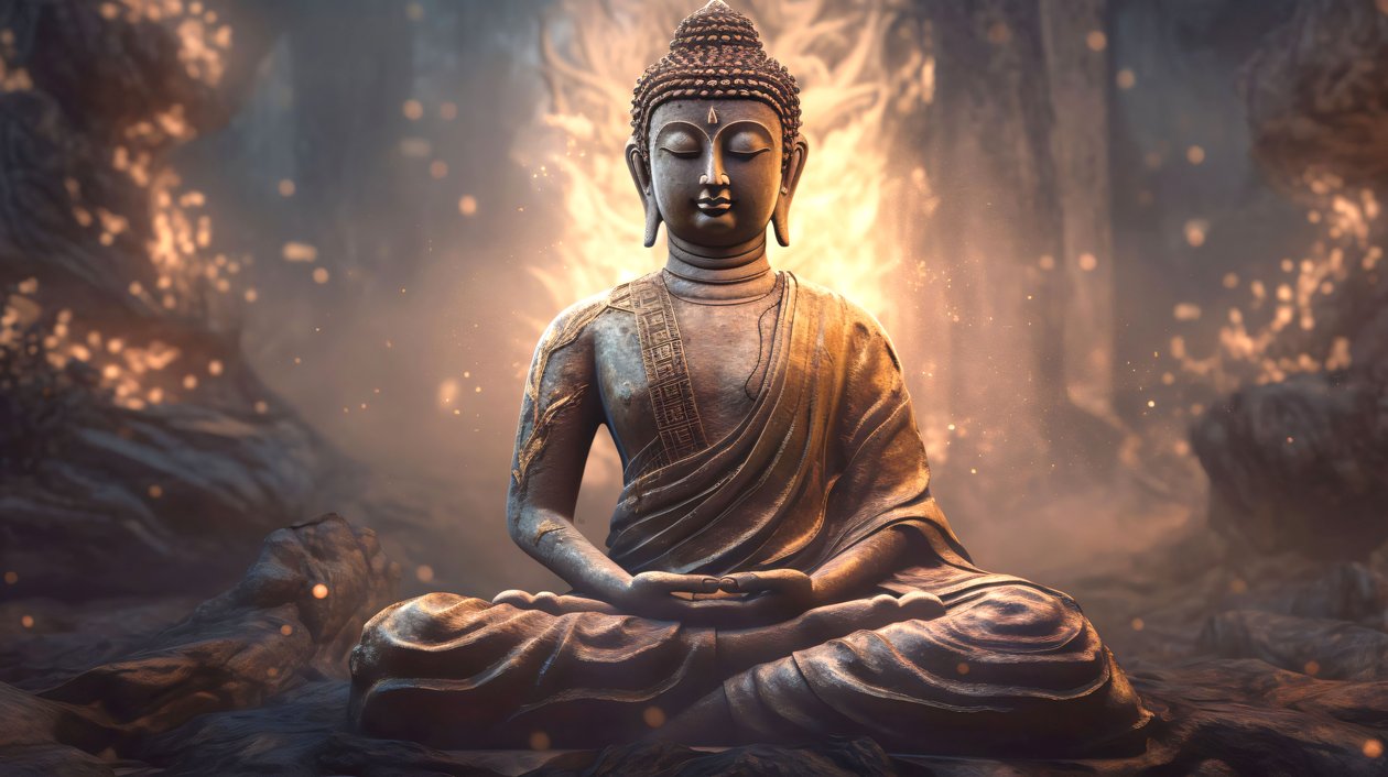 Realistisk, siddende Buddha-portræt, fredelig meditation, spirituel vægdekoration til hjemmet af F. Abderrahim