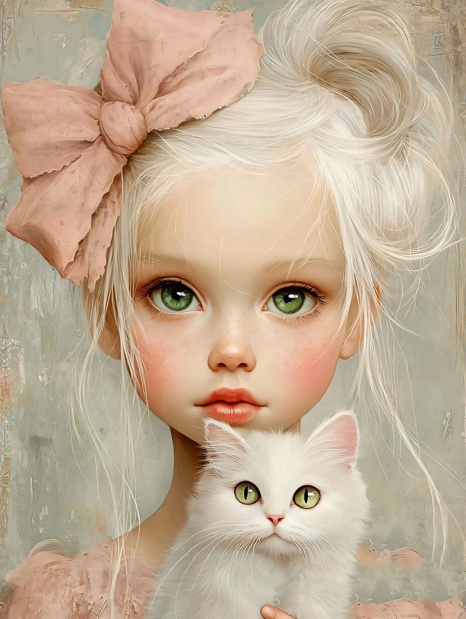 Little Girl With A Cat , vægdekoration | print on demand af F. Abderrahim