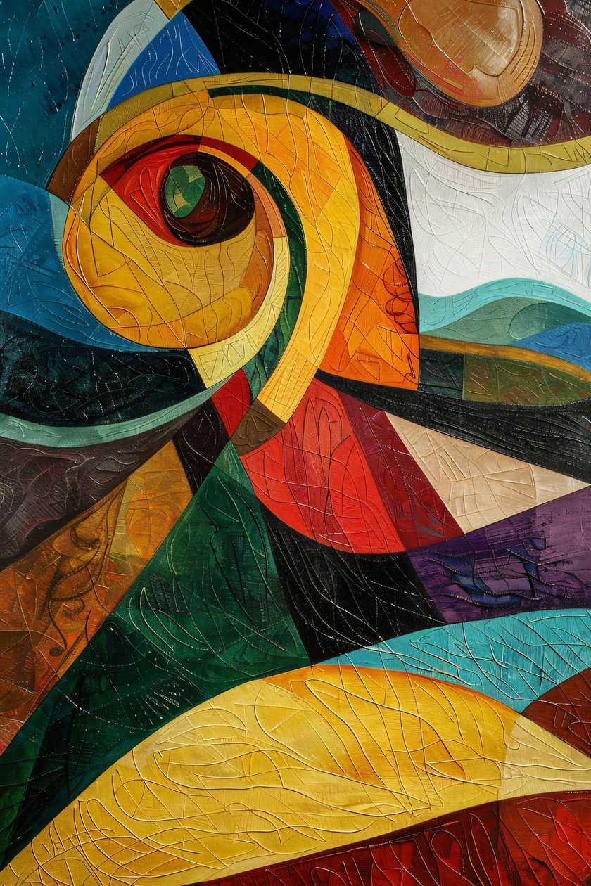 Abstrakt, farverigt glasmosaikmønster, Picasso-inspiration, vægdekoration til soveværelset af F. Abderrahim