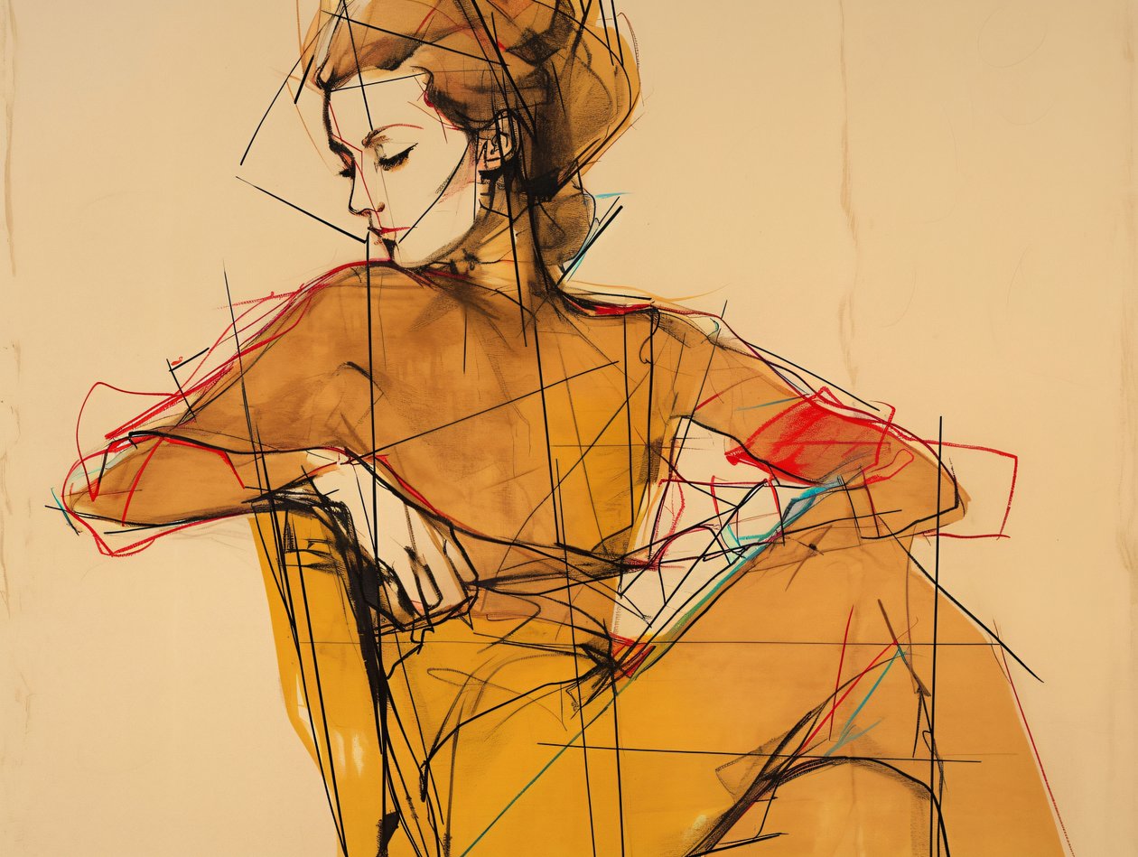 Modeillustration og tegning af en siddende kvinde, portræt i elegant brun kjole, kunsttryk af F. Abderrahim