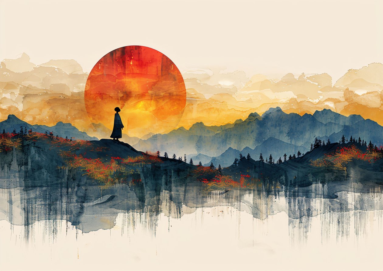 Geisha stående, minimalistisk landskab og solnedgang, moderne vægdekoration | print on demand af F. Abderrahim
