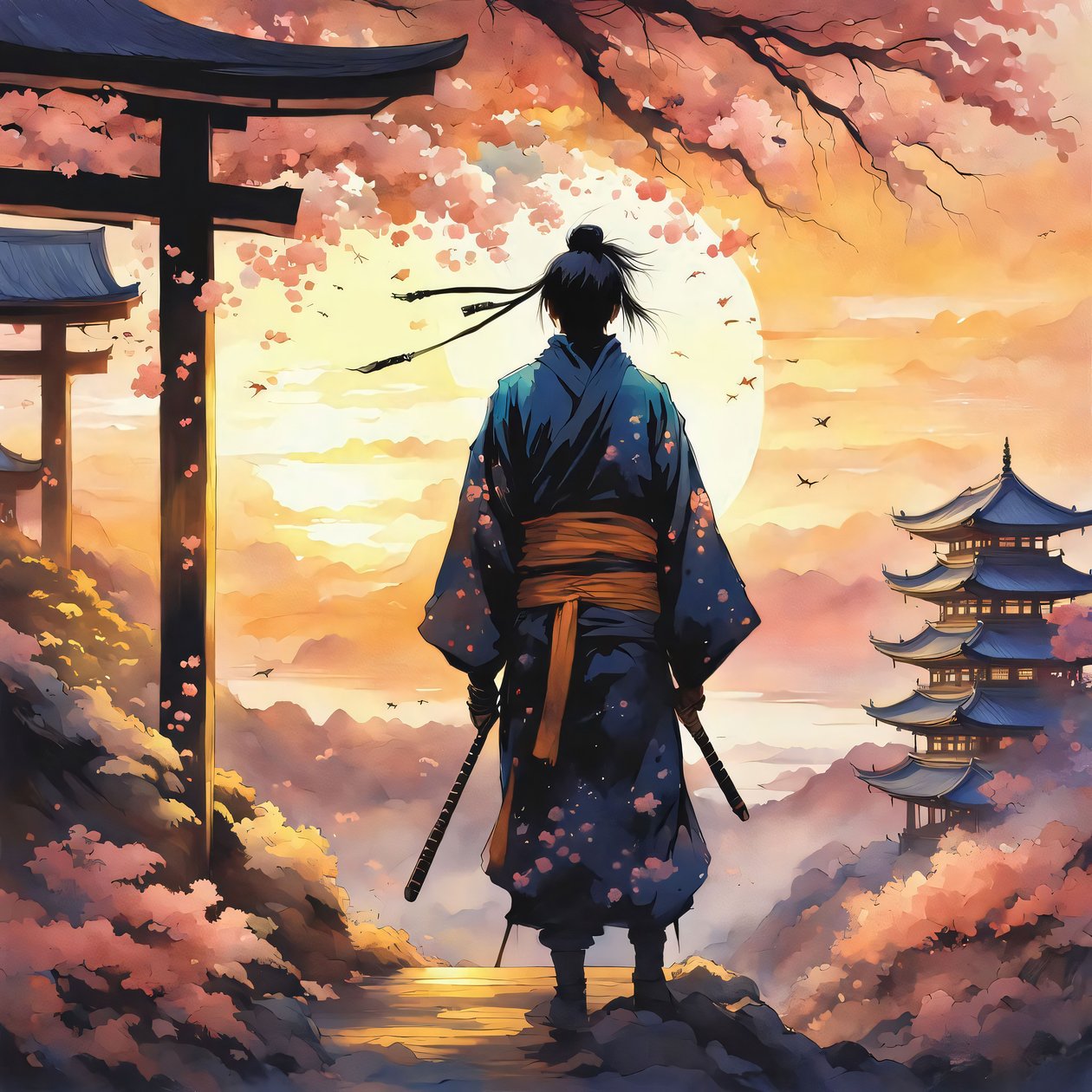 Japansk samurai, i et tempel på et bjerg, lyserøde farver, brugerdefinerede lærredstryk af F. Abderrahim