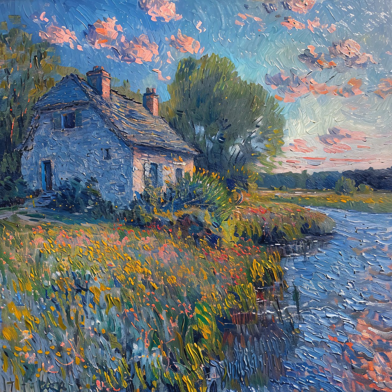 Landskabs- og vandmaleri, Monet Impressionisme-stil, Vægdekoration til salg af F. Abderrahim