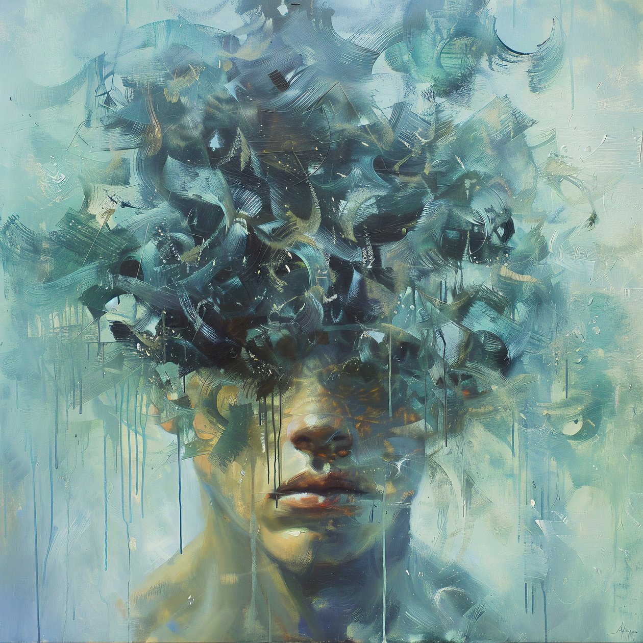 Mand udtrykker dyb sorg, psykologi kunstmaleri, impressinist, online print lærred af F. Abderrahim