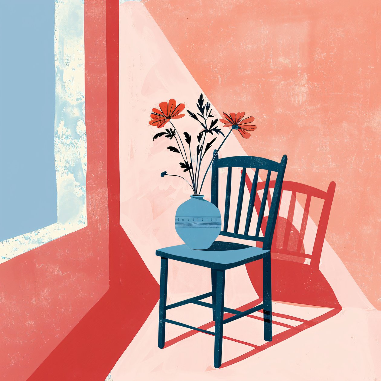 plante, stol og keramikvase, boheme-stil, moderne vægdekoration | print on demand af F. Abderrahim