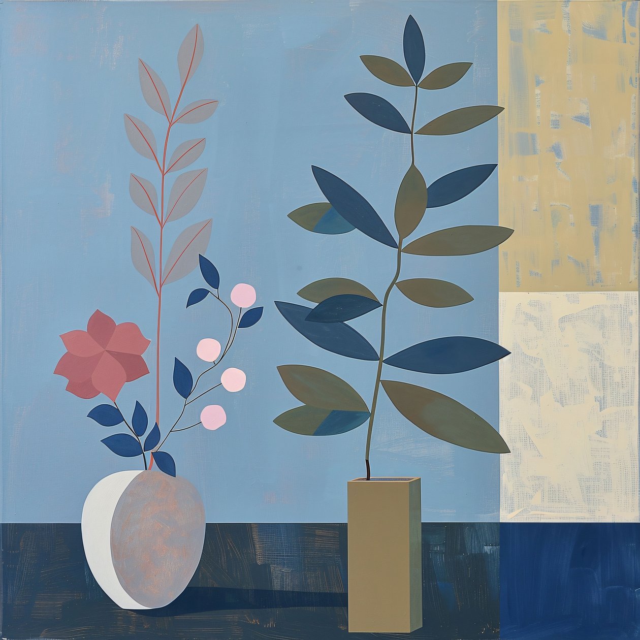 plante, stol og keramikvase, boheme-stil, moderne vægdekoration, print on demand af F. Abderrahim