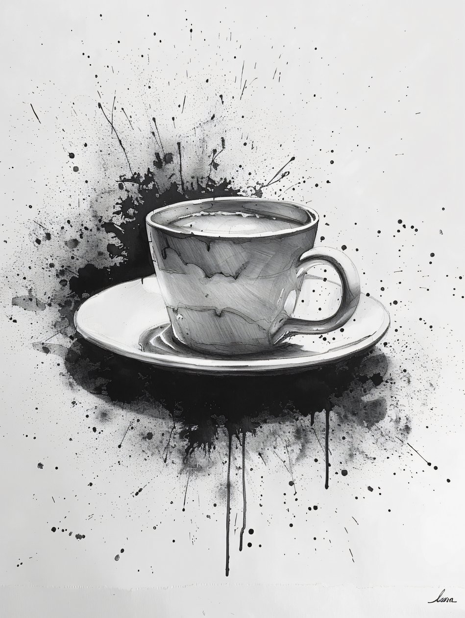 Minimalistisk Noir-scene med en enkelt linje og kaffepletter, online kunsttryk af F. Abderrahim