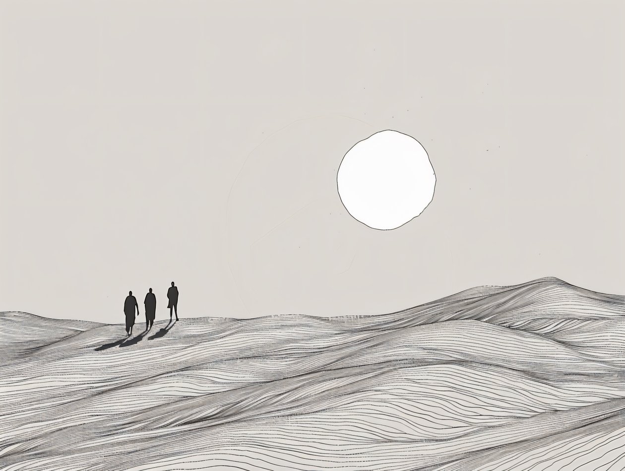 Minimalistisk skitse, mænd, der går i ørkensol, online kunsttryk af F. Abderrahim