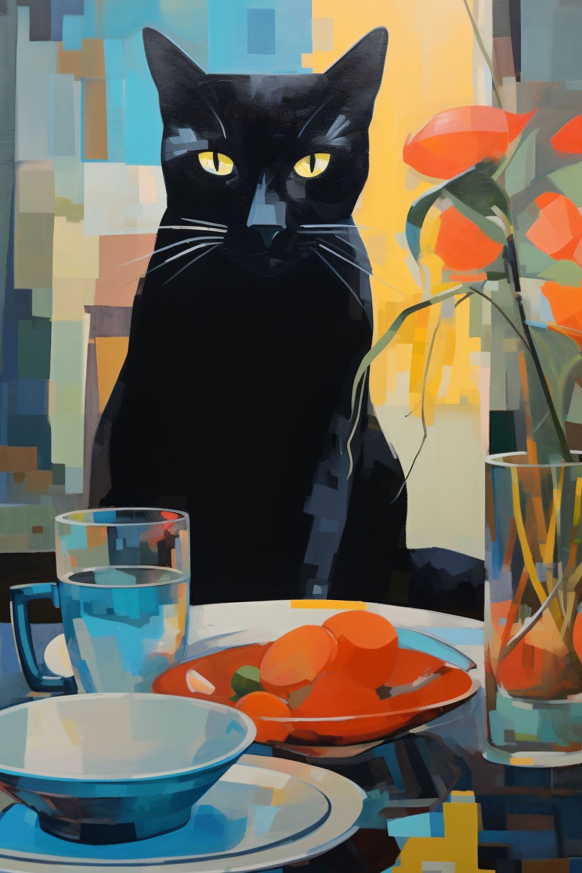 Maleri af en sort kat, der spiser på en tallerken med blomster, vægkunsttryk på bestilling af F. Abderrahim
