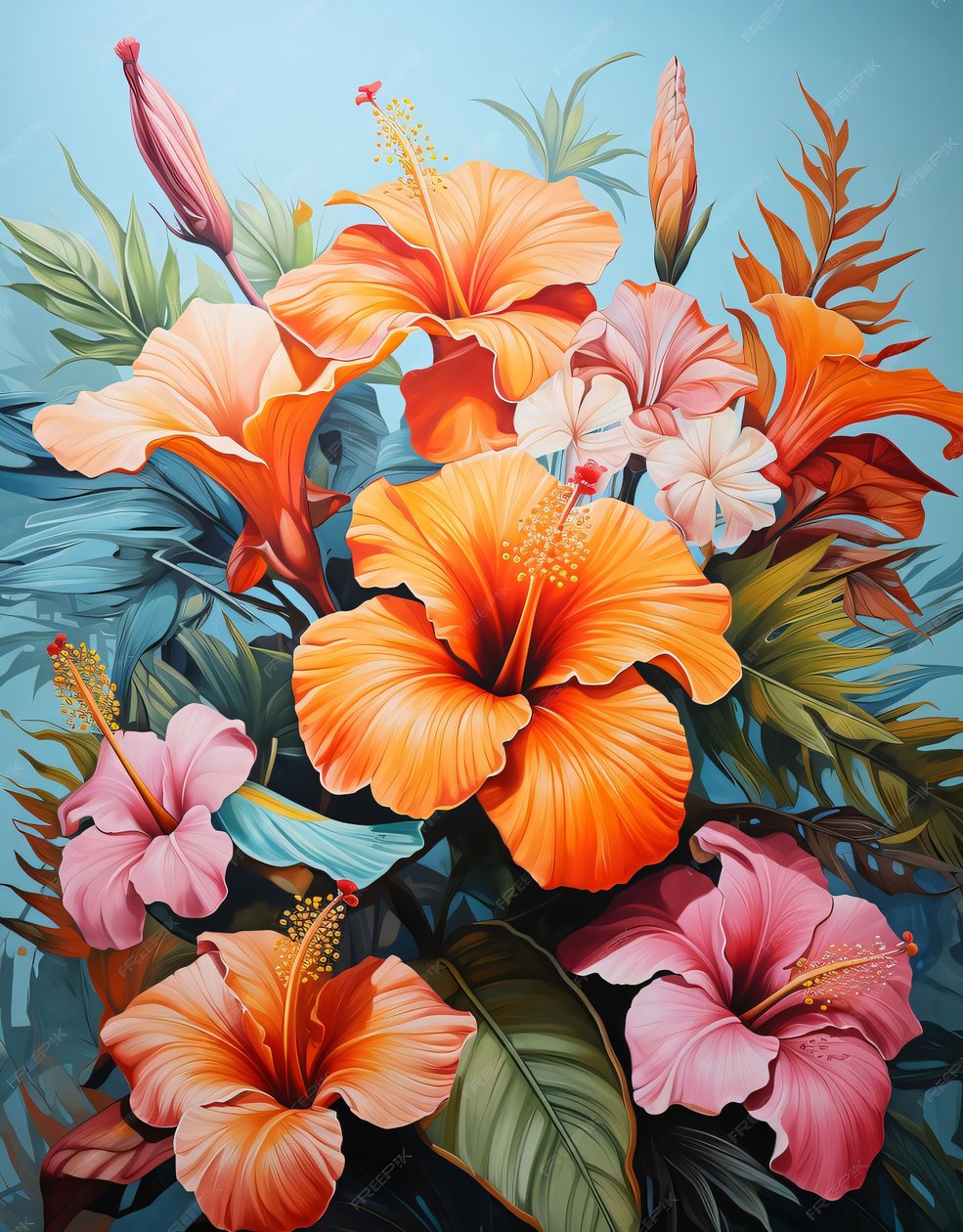 Maleri af en blomsterbuket i orange og pink, vægbilleder Home Decor af F. Abderrahim