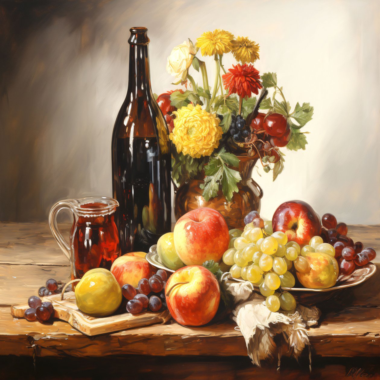 Stilleben, blomster, frugt og vin, vægbilleder Home Decor af F. Abderrahim