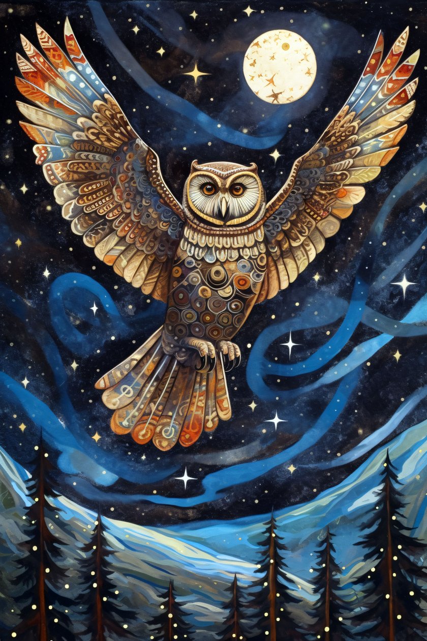 The Owl Soaring Through the Starry Night Sky, vægbilleder af Home Decor af F. Abderrahim
