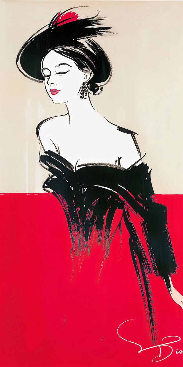 Kvinde poserer med makeup, rød og sort kjole, René Gruau-inspiration, 60