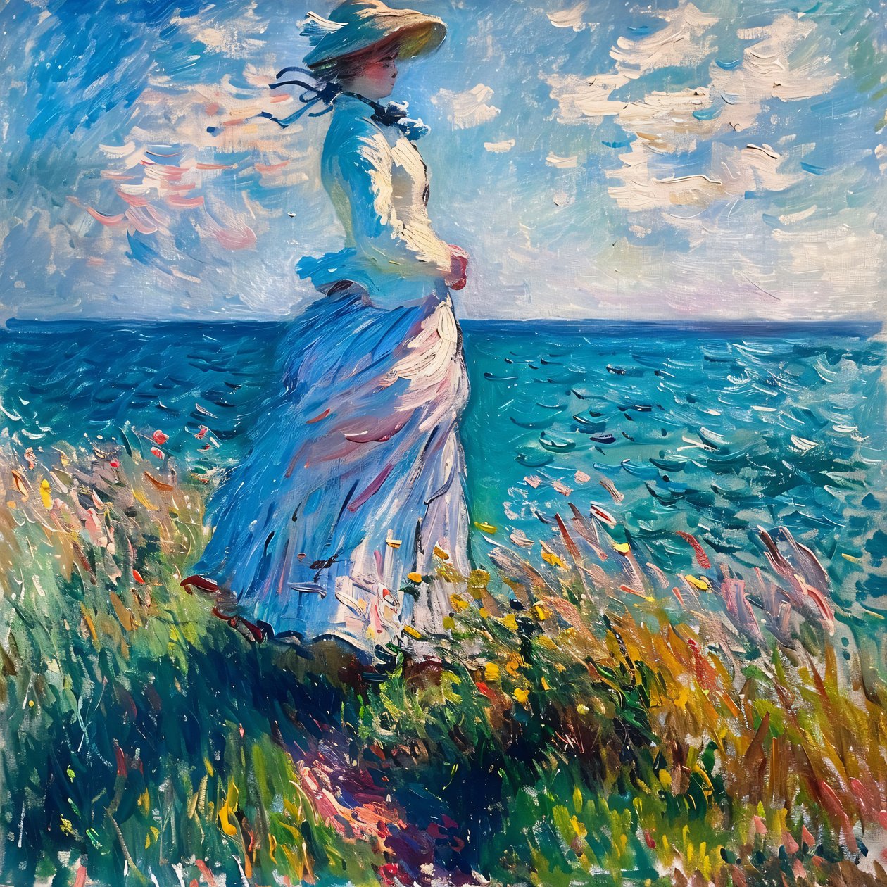 Ung kvinde i kjole i naturen, stående på stranden, Monet Style af F. Abderrahim