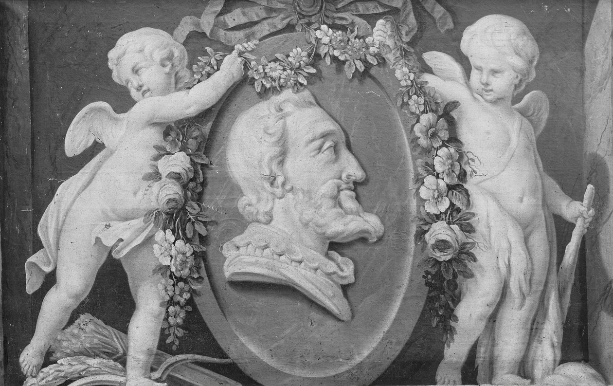 Buste af Henri IV i oval medaljon med blå bund understøttet af to amoriner, 1700-tallet. af 18th century . French Painter