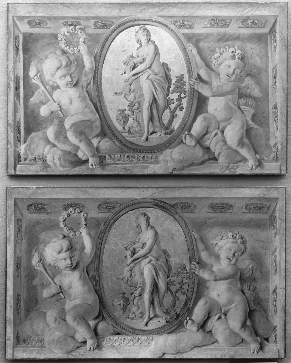 Et par overdøre med Diana eller en nymfe i en oval medaljon understøttet af amorini, 1770-90. af 18th century . French Painter