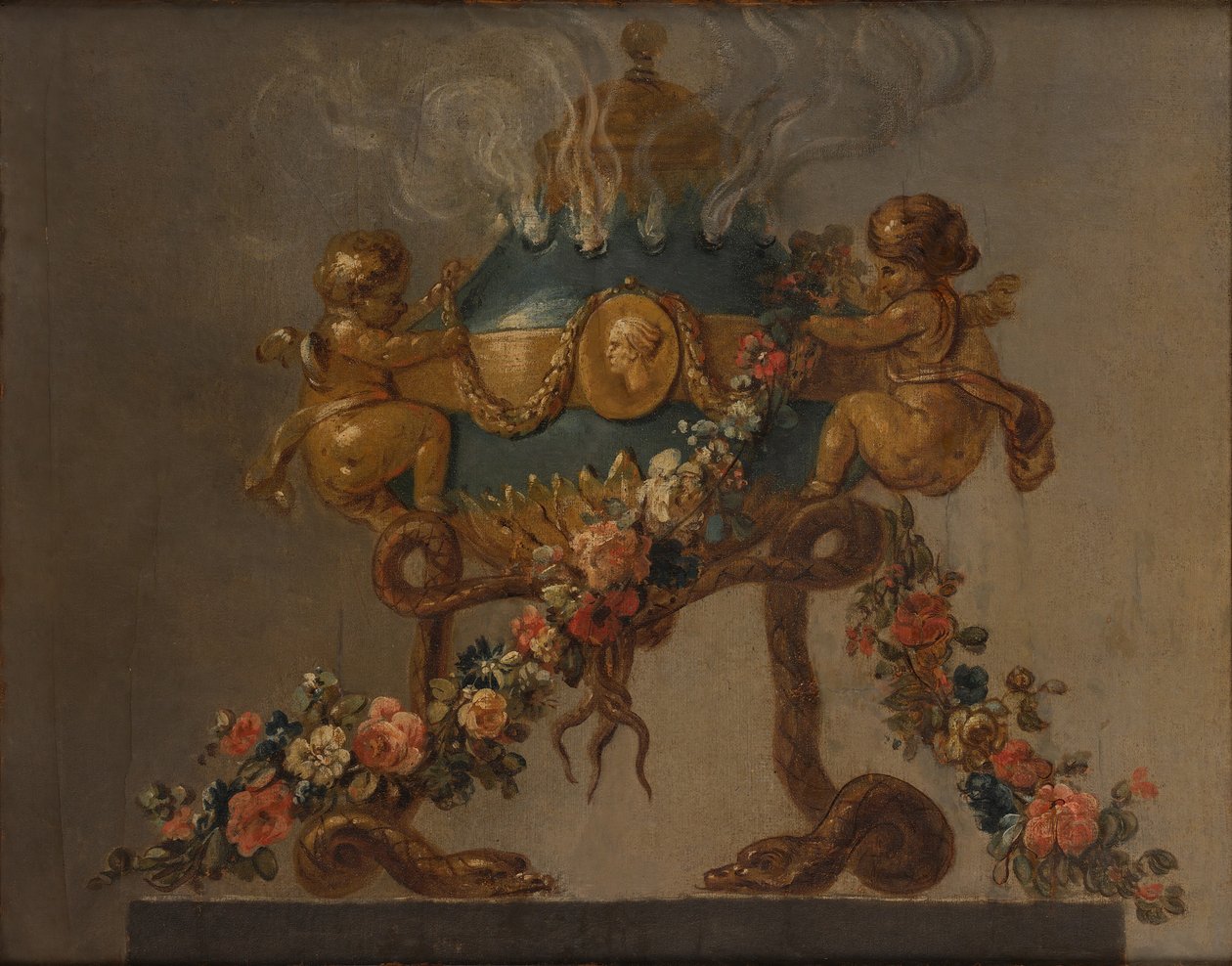 Parfumebrænder understøttet af amorini og slanger og kranset med blomster, 1700-tallet. af 18th century . French Painter
