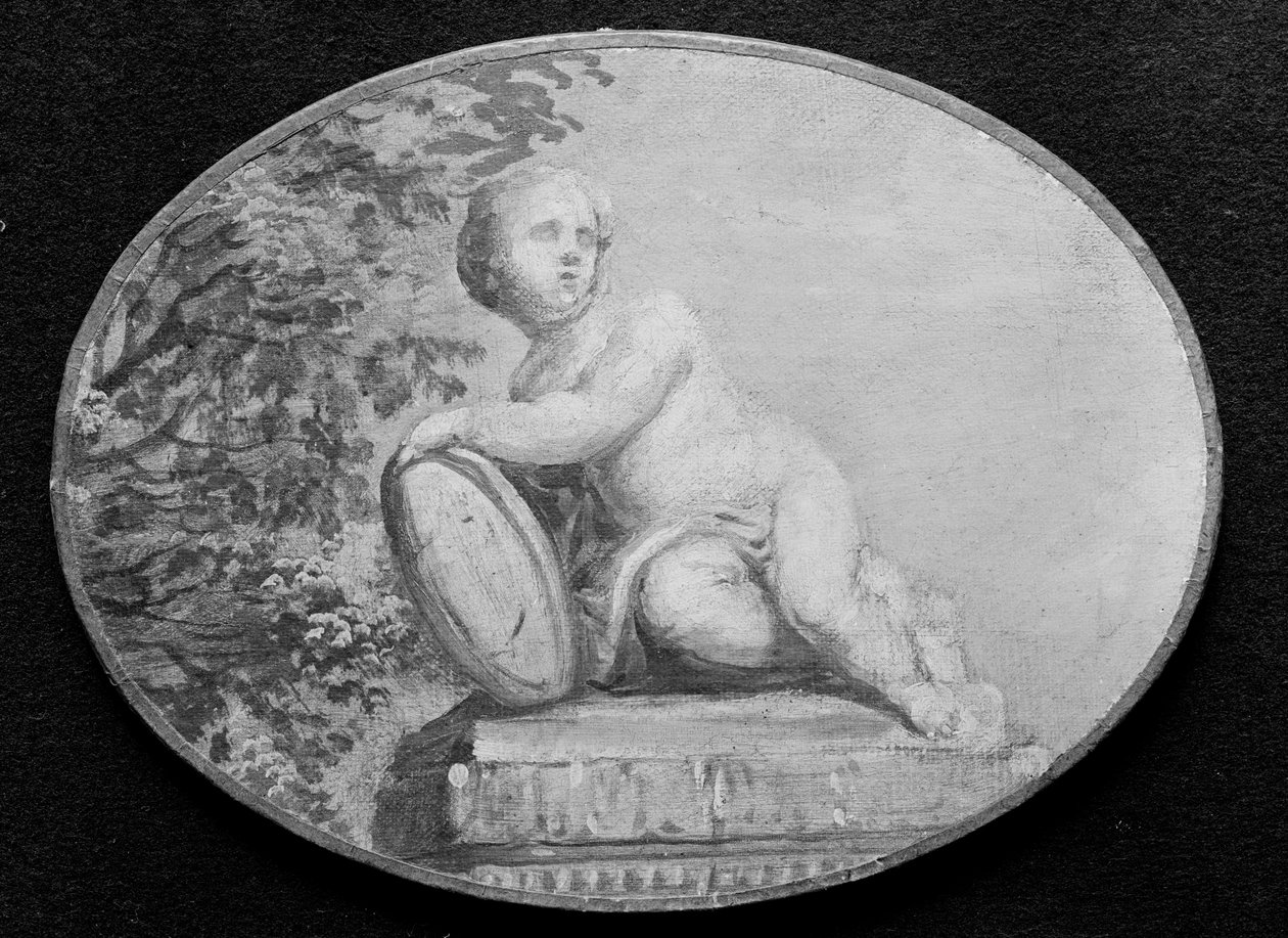 Putto på en piedestal på baggrund af grønne omgivelser, 1700-tallet. af 18th century . French Painter