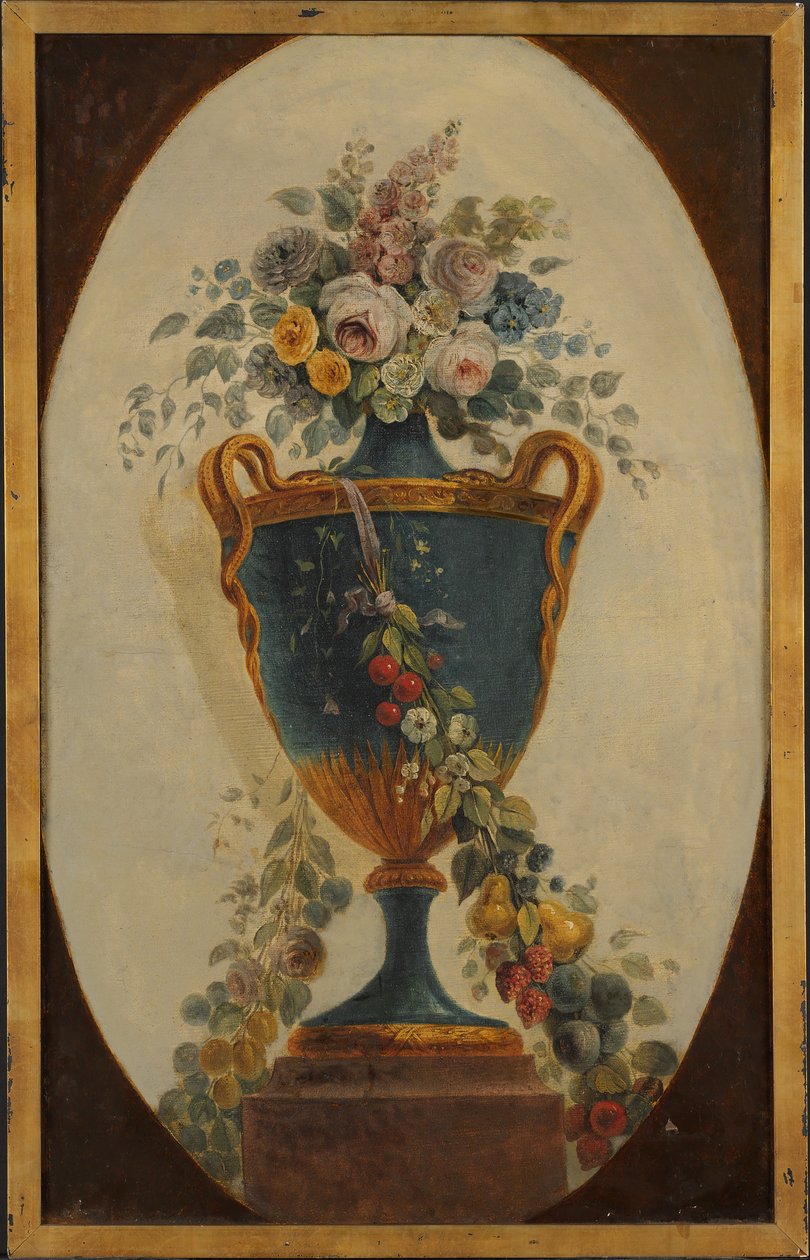 Vase med blomster draperet med guirlander, 1700-tallet. af 18th century . French Painter