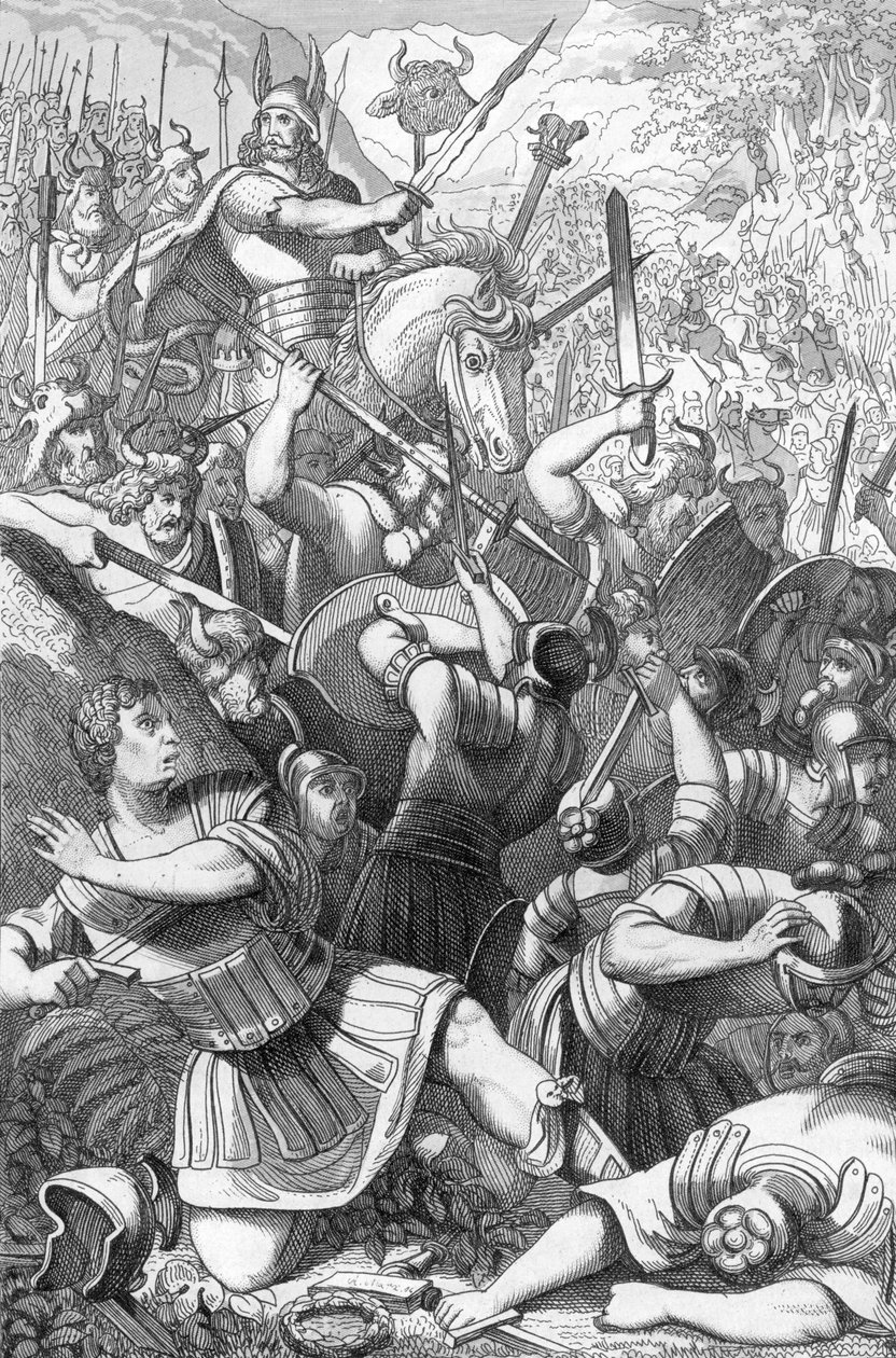 Cheruscans høvding Arminius (18 f.Kr.-21 e.Kr.) i slaget ved Teutoburg (Teutoburger Wald eller Teutberg) modsatte romerne mod tyskerne i 9 e.Kr. (Keruskerne under Arminius (Hermann) besejrer de 17.–19. romerske legioner under Varus i Teutoburgerskoven af 19th Century Polish School