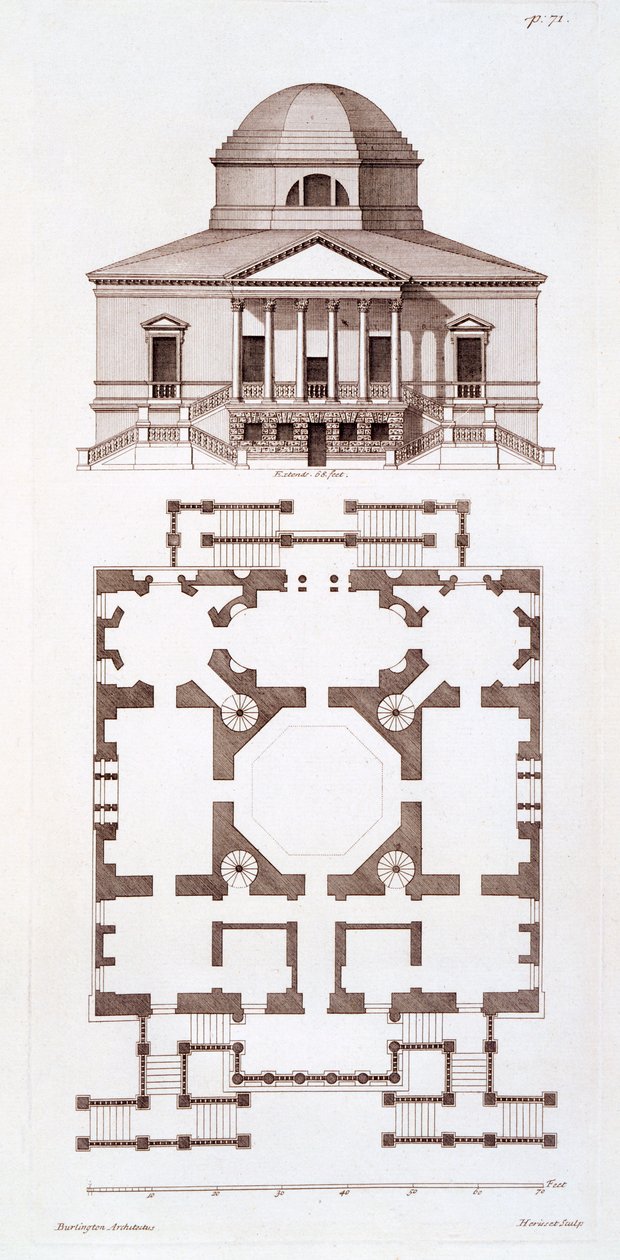 Plan og facade af Chiswick House, tryk udført af Herisset, ca. 1720