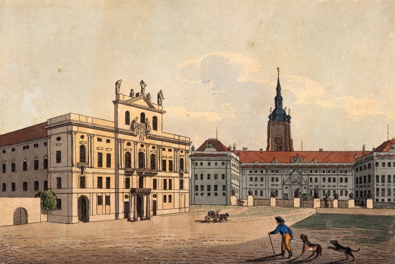 Ærkebiskoppernes Palads og Prags Slots 1. Hof, ca. 1810 (farvet radering) af A. and Berka, Johann Gustav