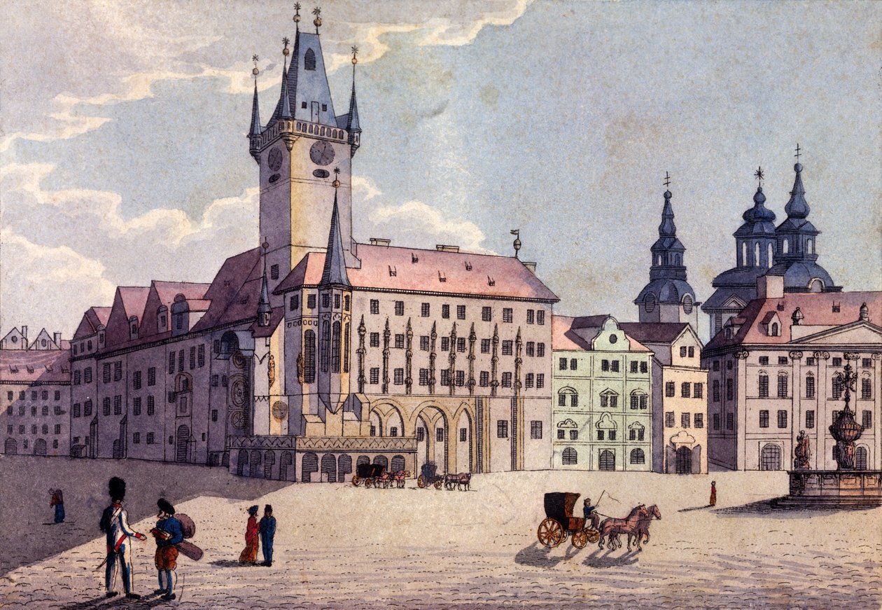 Old Town Square fra Celetná Street, Prag, ca. 1810 (farvet radering) af A. and Berka, Johann Gustav