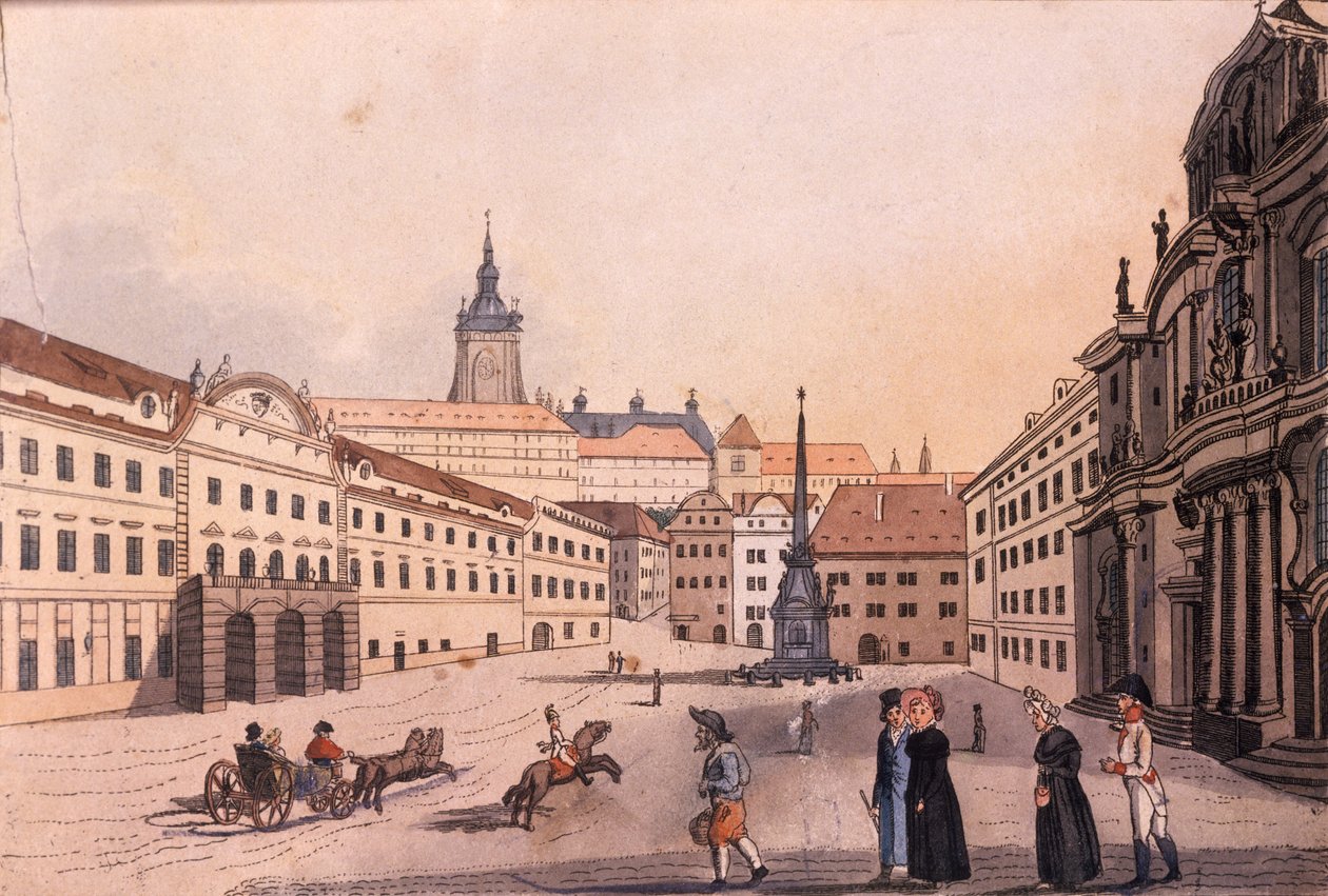 Øvre Malostranské (det lille kvarter) plads, Prag, ca. 1810 (farvet radering) af A. and Berka, Johann Gustav