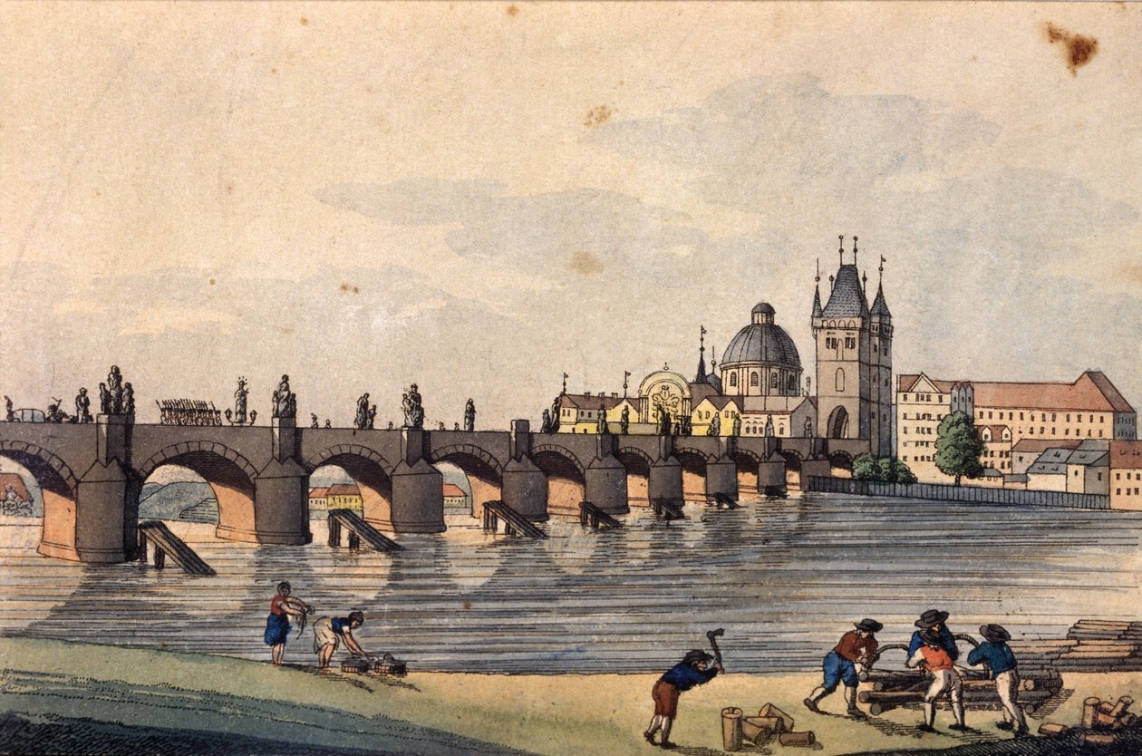 Udsigt over Karlsbroen fra Kampa Island, Prag, ca. 1810 (farvet radering) af A. and Berka, Johann Gustav