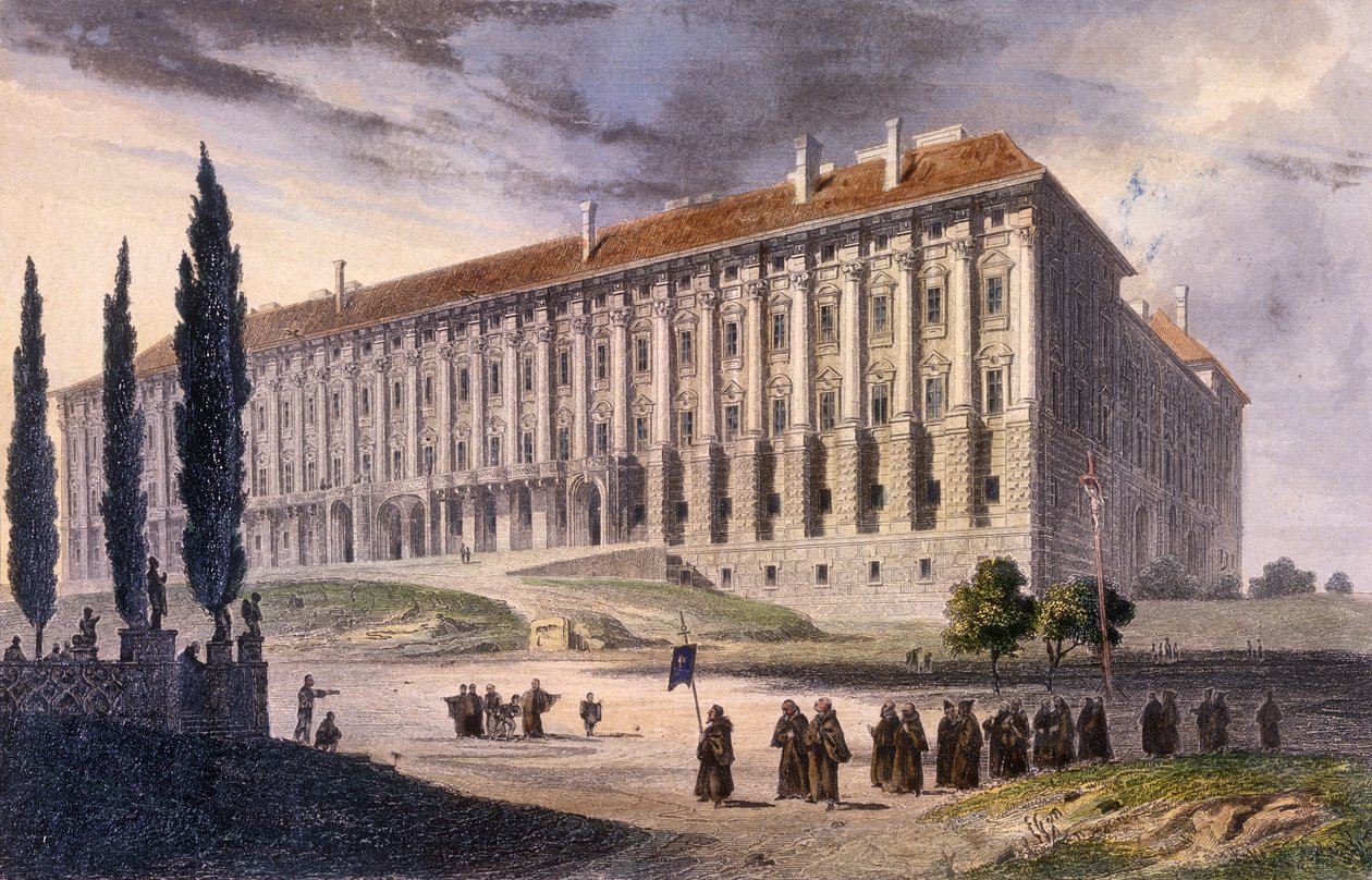 Udsigt over Loretto-pladsen fra Capuchins, Prag, ca. 1810 (farvet radering) af A. and Berka, Johann Gustav
