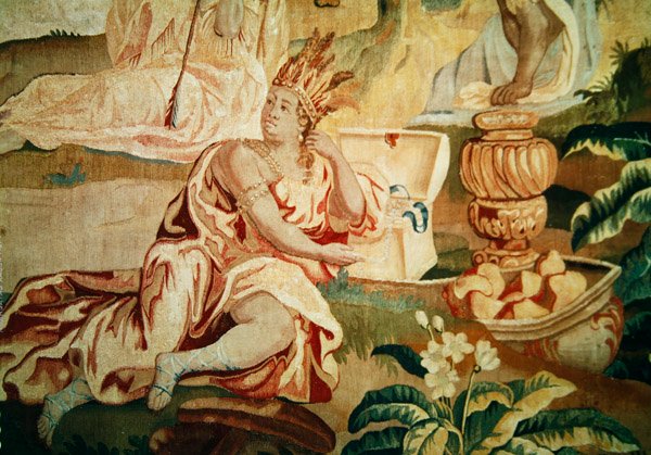 Amerika, fra et gobelin med verdens fire verdenshjørner, detalje af en figur i forgrunden (detalje af 184003) af A. Baertams