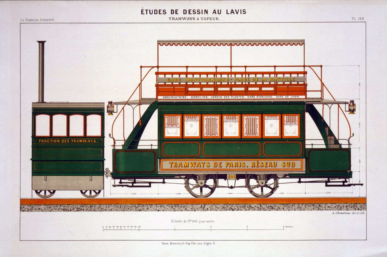 Design til en Steam Tram, plade 126 fra The Industrial Practitioner, indgraveret af kunstneren af A. Cheneveau