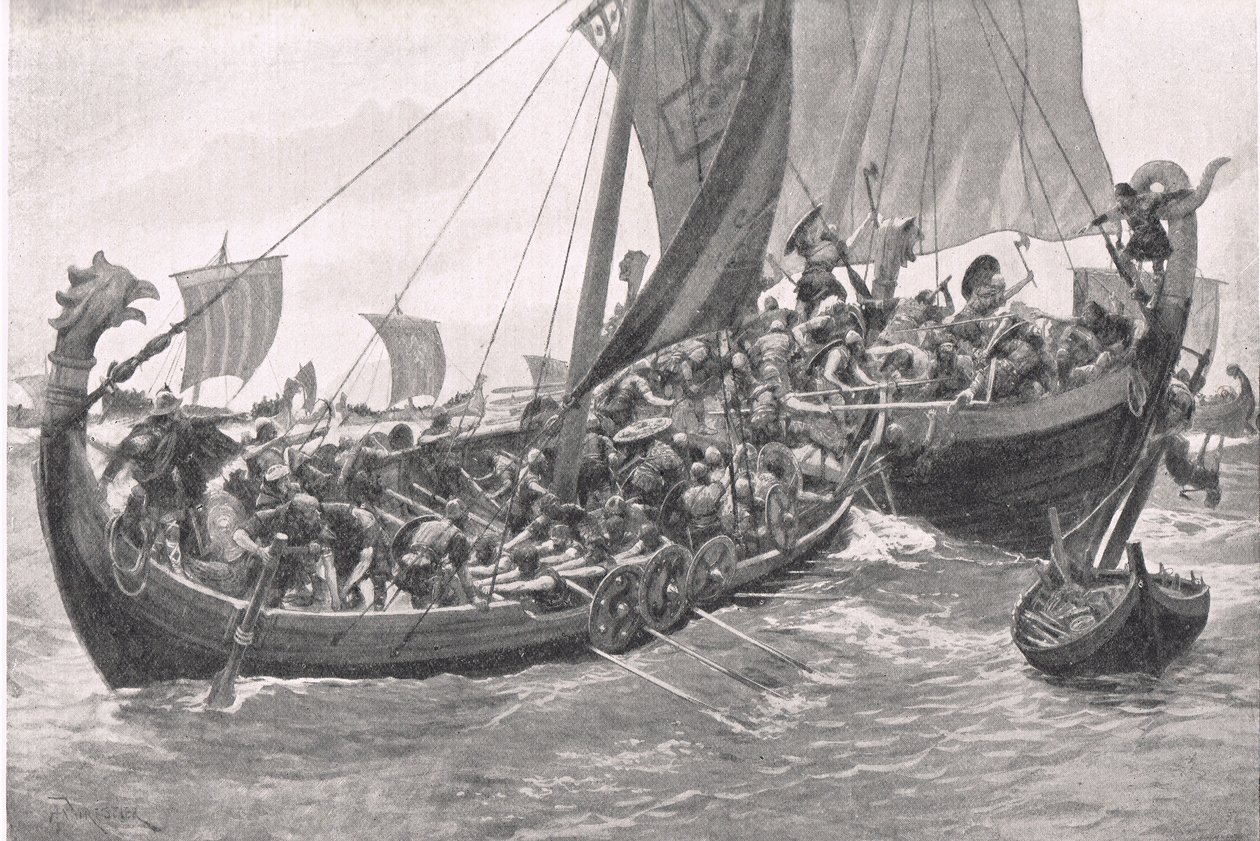 Britains First Naval Battle, illustration fra British Battles on Land and Sea, udgivet af Cassell, London, ca. 1910 af A. Forrestier