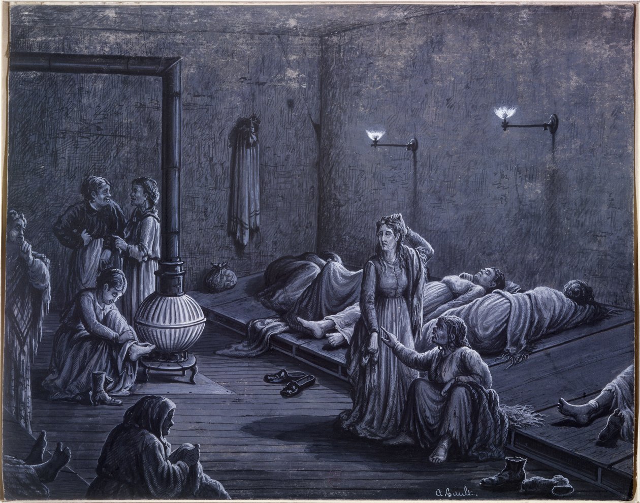 Interiør af et Natteherberg for fattige Kvinder, 1850-60 af A. Gault