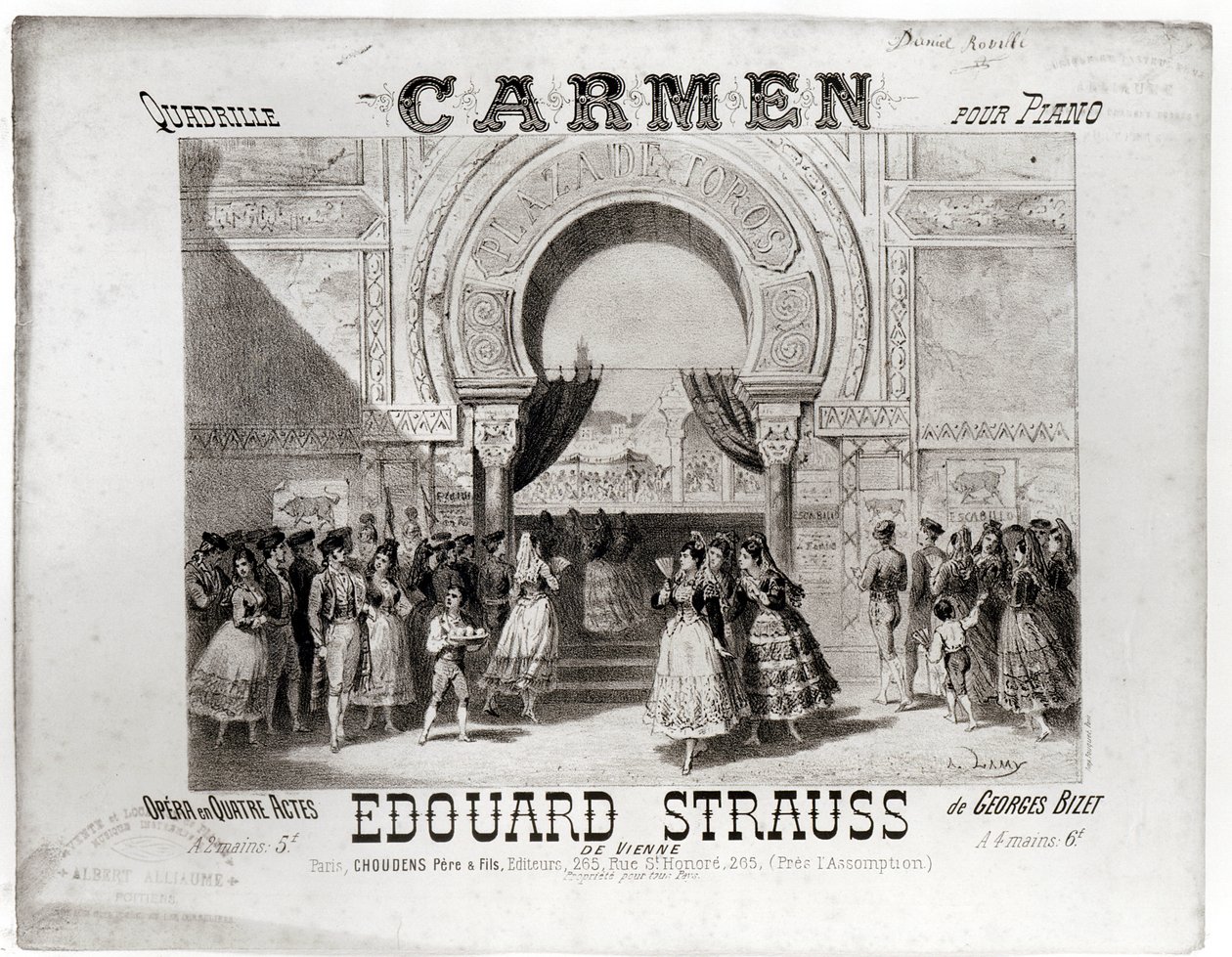 Omslag til partituret til klaverkvadrille fra "Carmen" af Edouard Strauss (1835-1916), fra operaen af Georges Bizet (1838-75) (1835-1916) af A. Lamy