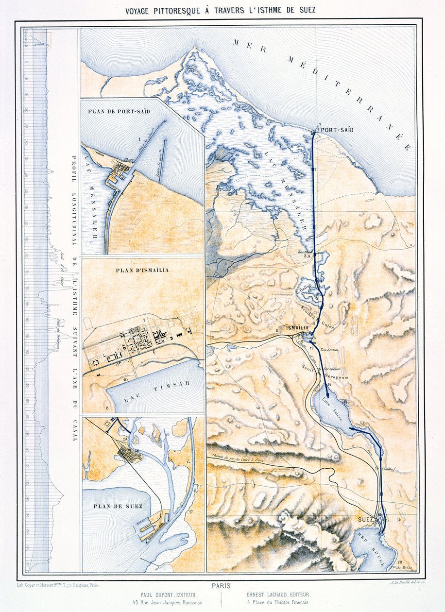 Kort over Suez-kanalen, ca. 1870 af A. Le Bealle