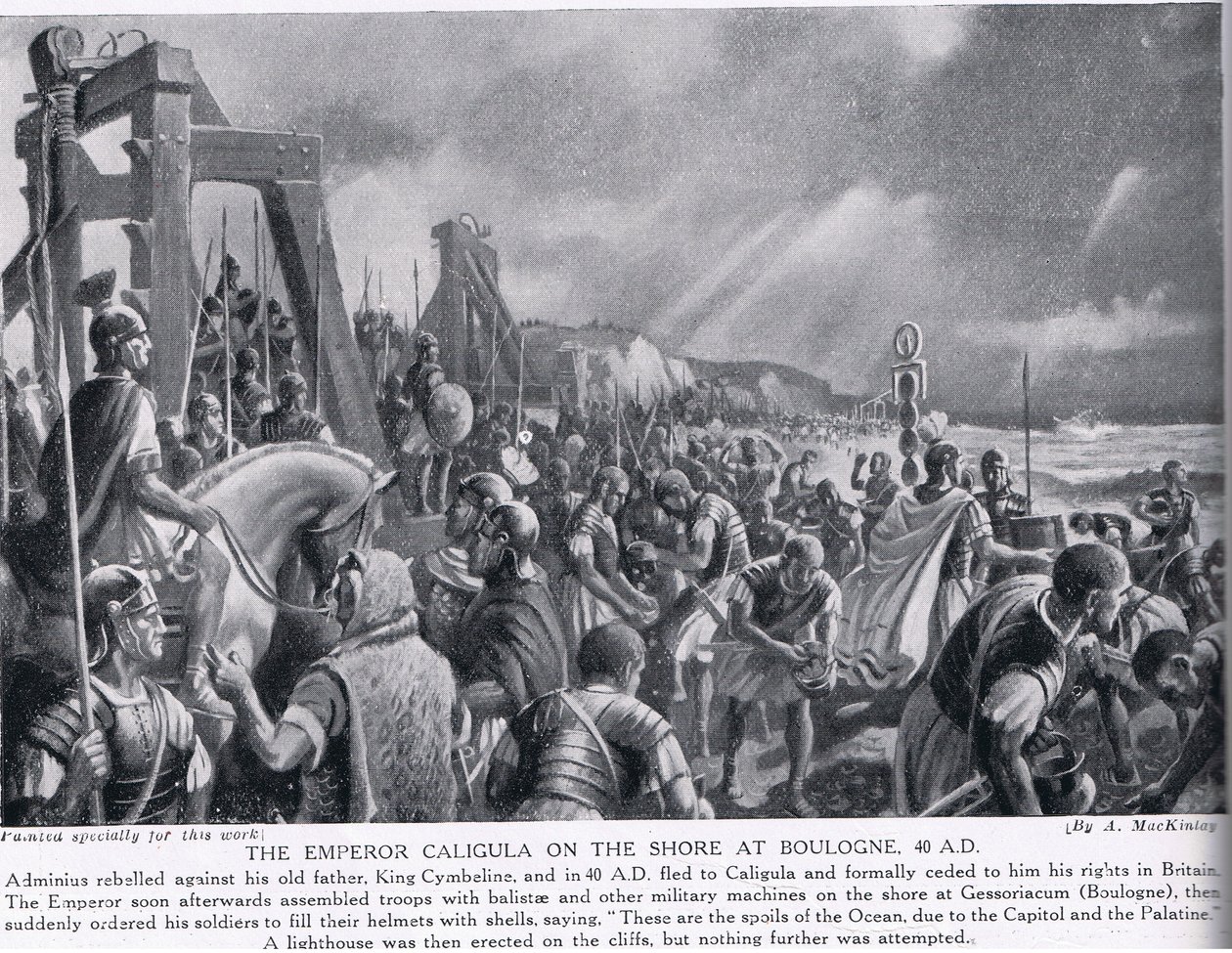 Kejseren Caligula ved kysten ved Boulogne, illustration fra Hutchinsons Nations History, ca. 1910 af A. MacKinlay