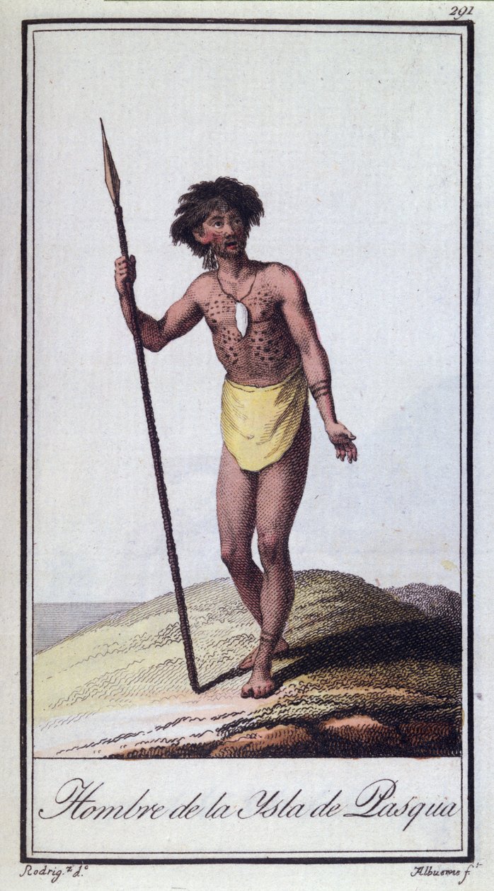 En mand fra påskeøen, graveret af Albuerne, 1799 farvet gravering af A. Rodriguez