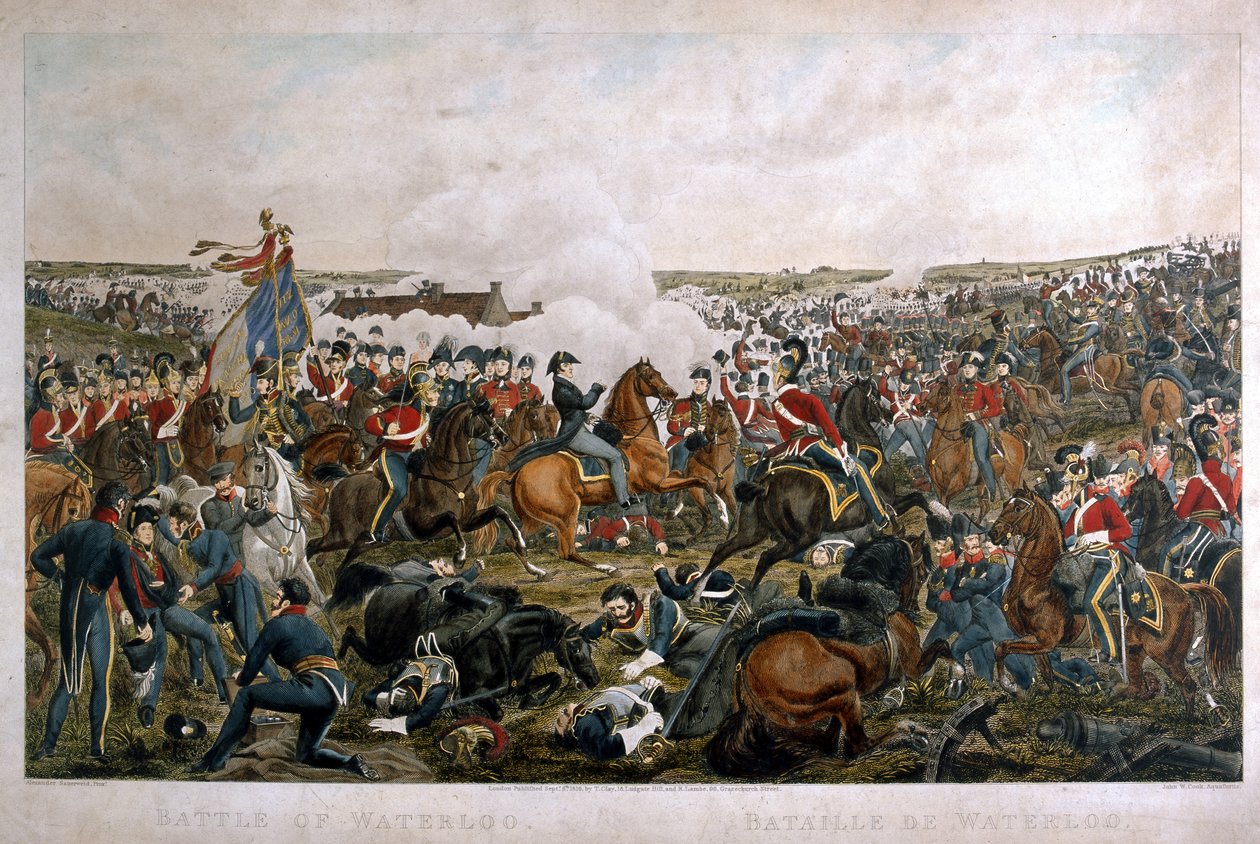 Slaget ved Waterloo, 1815, graveret af J.A. Cook, 1816 (farvet akvatint) af A. Sauerweld