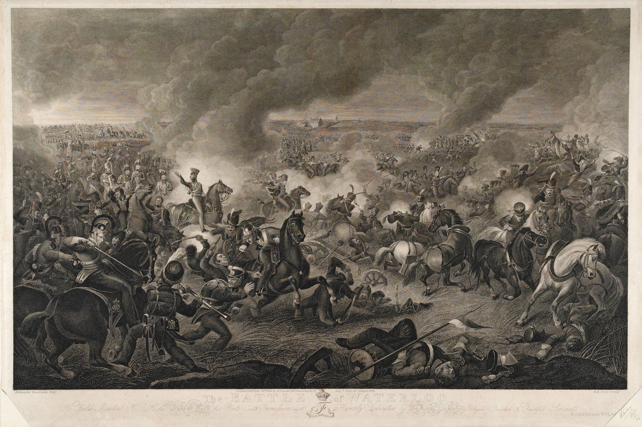Perioden er mod slutningen af dagen... , Slaget ved Waterloo, 18. juni 1815, indgraveret af H. R. Cook, udgivet af T. Clay og R. Lambe, gravering af juni 1819 af A. Sauerweld