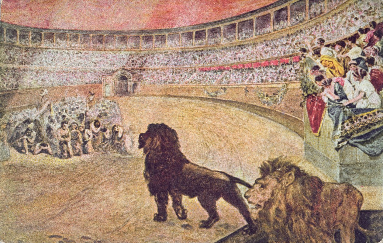 Postkort, der forestiller kristne martyrer i arenaen i Rom, ca. 1910 af A. del Senno