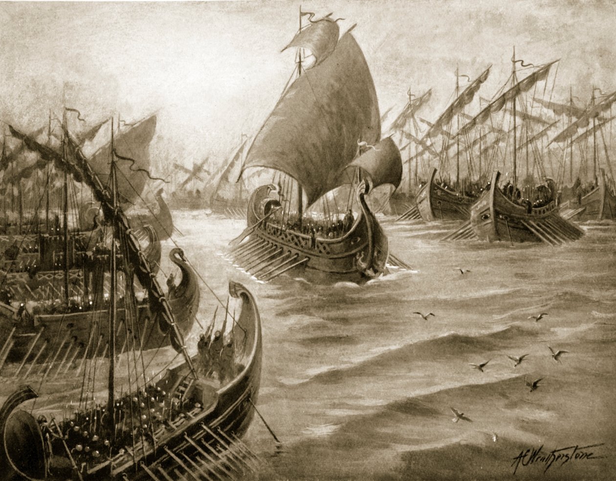 Cimon tager kommandoen over den græske flåde, illustration fra "Hutchinson