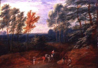 Et skovklædt landskab med rejsende i en høvogn (olie på panel) af A.F. and Bouts P. Boudewyns