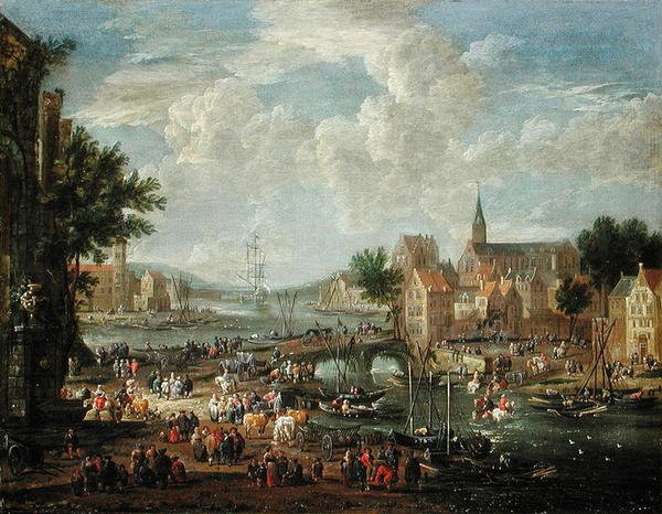 Byboere på flodbredden af A.F. and Bouts, P. Boudewyns